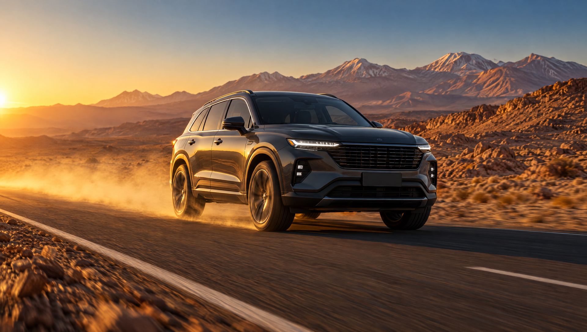 SUV gris recorriendo una carretera del desierto de Atacama al atardecer