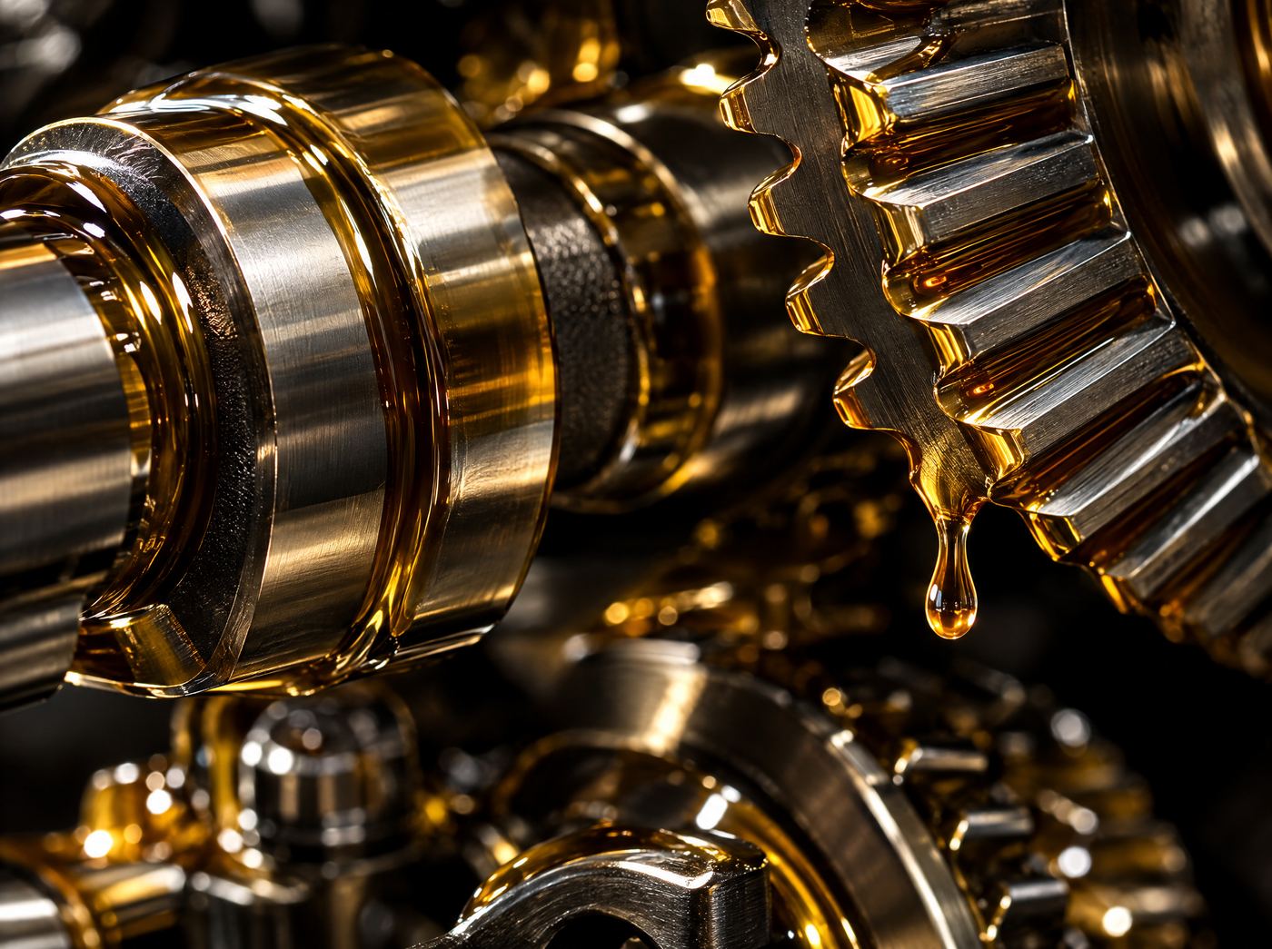 Engranajes y árbol de levas cubiertos por una película de aceite dorado